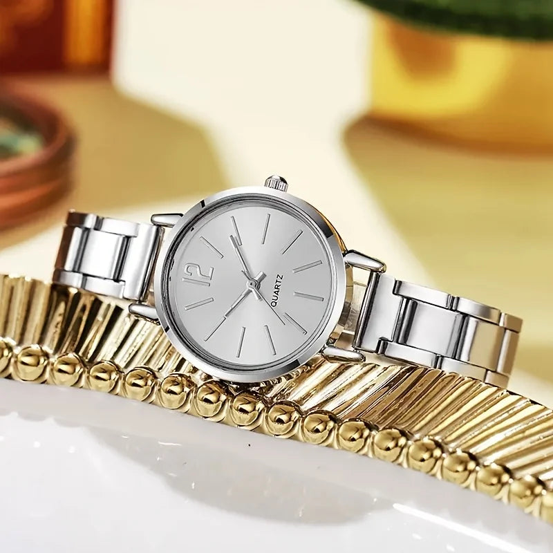 Women's Elegant Jewelry Set: Gold Quartz Watch + Bangle + Ring + Drop Pendant Necklace + Earrings, 6Pcs Set