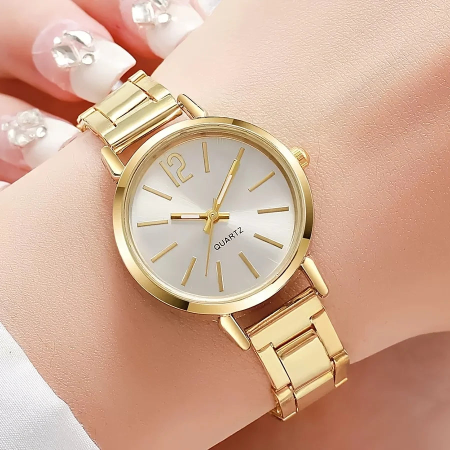 Women's Elegant Jewelry Set: Gold Quartz Watch + Bangle + Ring + Drop Pendant Necklace + Earrings, 6Pcs Set