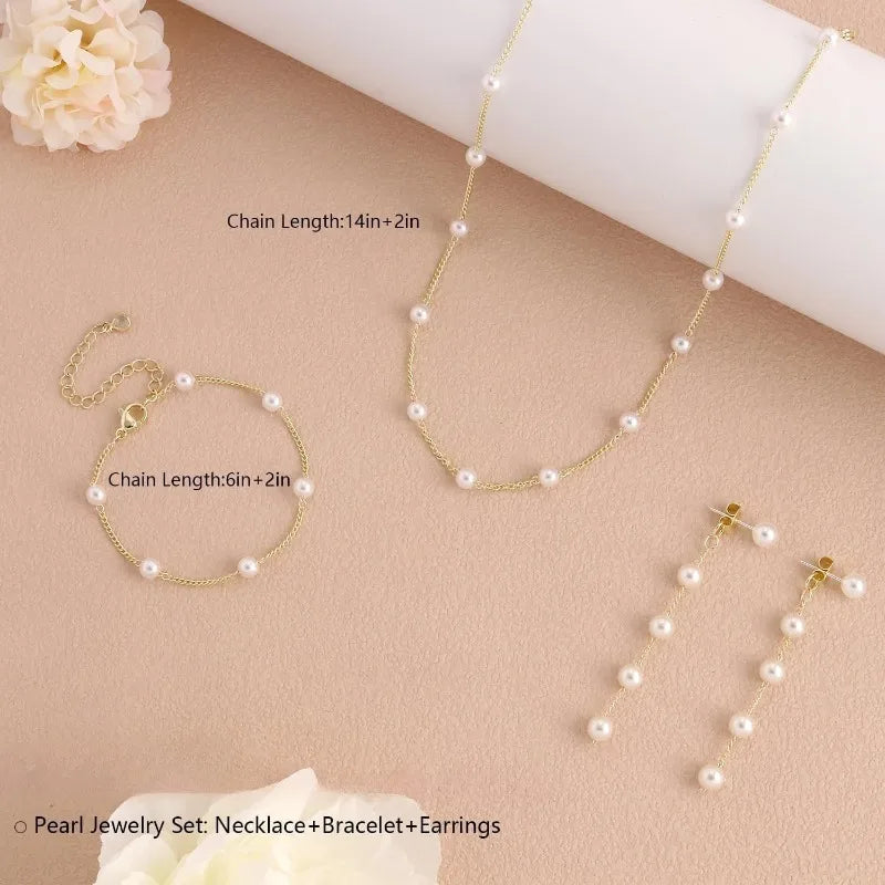 Gold Jewelry Set for Women, Dainty 14K Gold/Silver Plated Pearl Necklace and Earring Set with Drop Earrings Bracelets Necklace