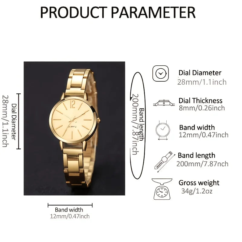 Women's Elegant Jewelry Set: Gold Quartz Watch + Bangle + Ring + Drop Pendant Necklace + Earrings, 6Pcs Set