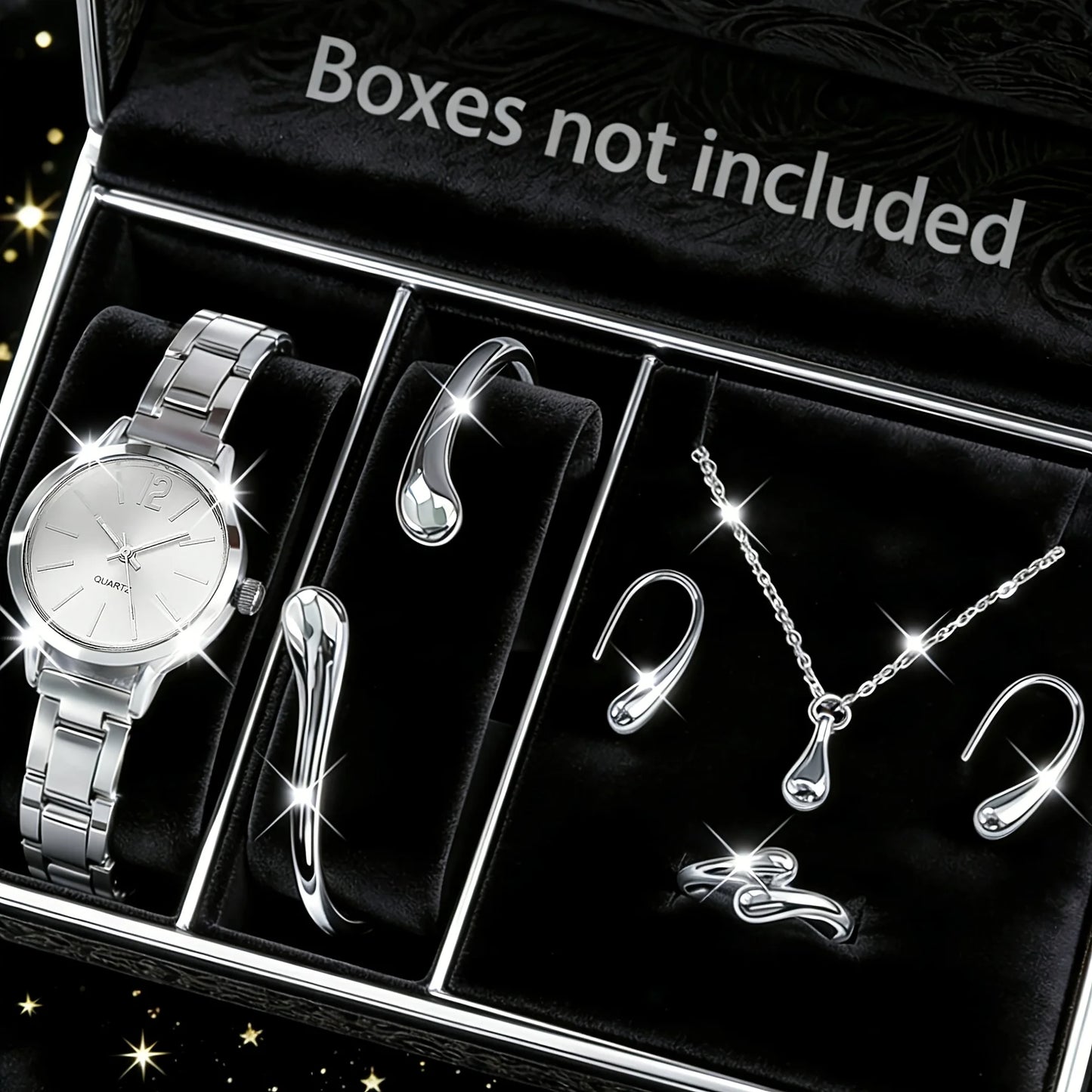 Women's Elegant Jewelry Set: Gold Quartz Watch + Bangle + Ring + Drop Pendant Necklace + Earrings, 6Pcs Set