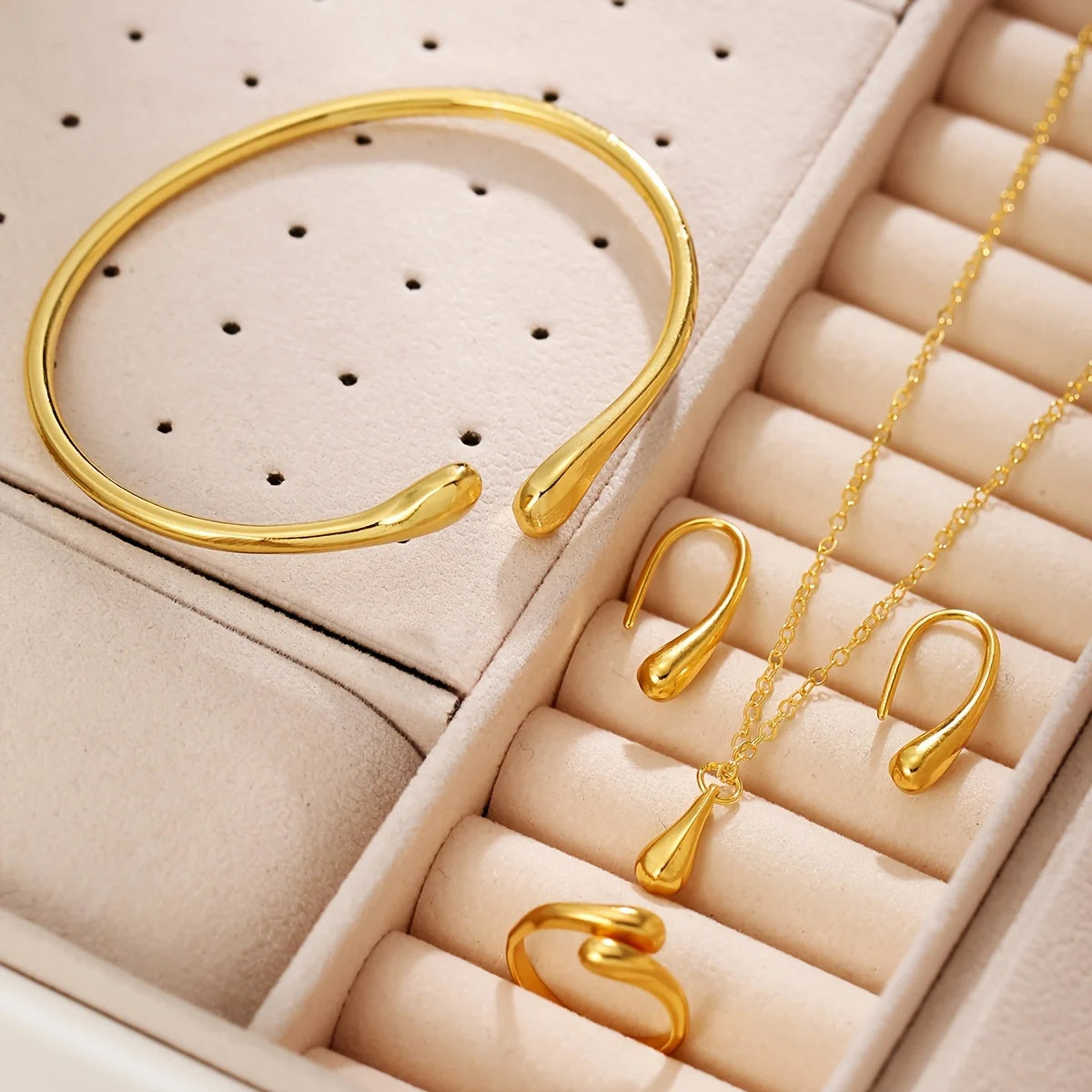 Women's Elegant Jewelry Set: Gold Quartz Watch + Bangle + Ring + Drop Pendant Necklace + Earrings, 6Pcs Set